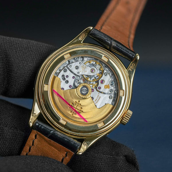 Caseback of Patek Philippe Annual Calendar 5035J Yellow Gold showing movement