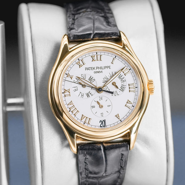 Close-up angled view of Patek Philippe Annual Calendar 5035J Yellow Gold 