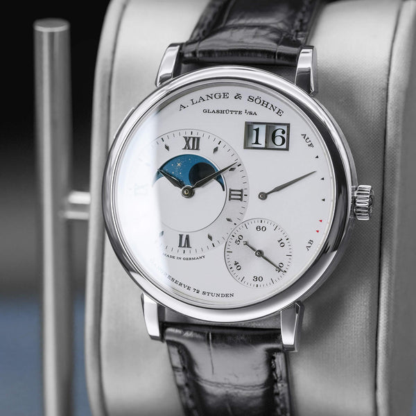 Angled opposing view with reflection of A. Lange & Sohne Grand Lange 1 139.025 Platinum