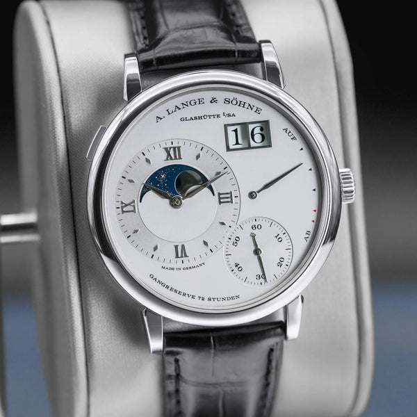 Close-up angled view of A. Lange & Sohne Grand Lange 1 139.025 Platinum