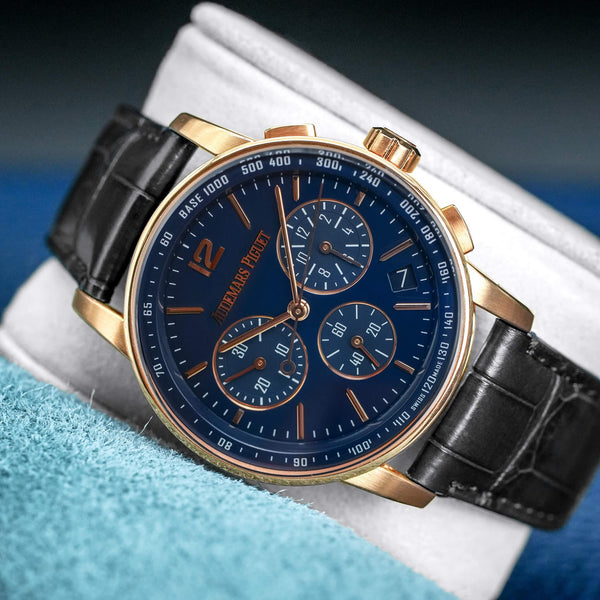 Front view of Audemars Piguet Code 11.59 Chronograph 26393OR Blue Dial