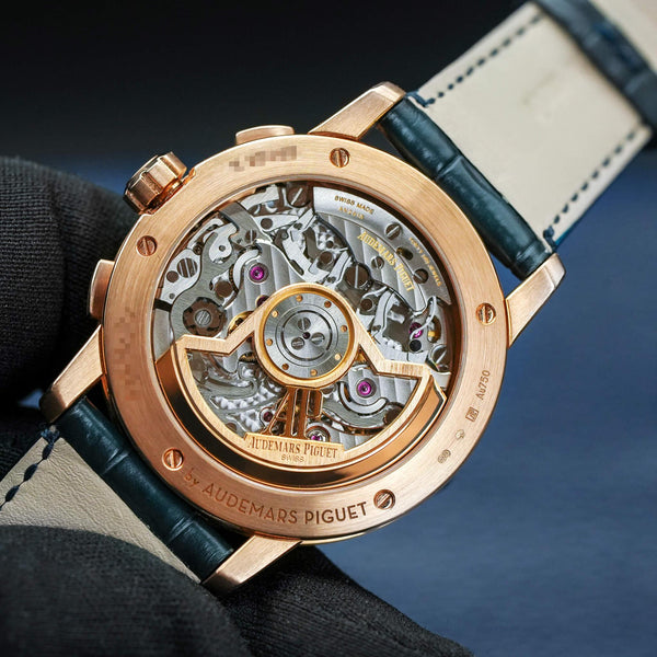 Caseback of Audemars Piguet Code 11.59 Chronograph 26393OR Blue Dial showing movement