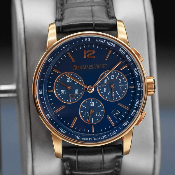 Central view of Audemars Piguet Code 11.59 Chronograph 26393OR Blue Dial