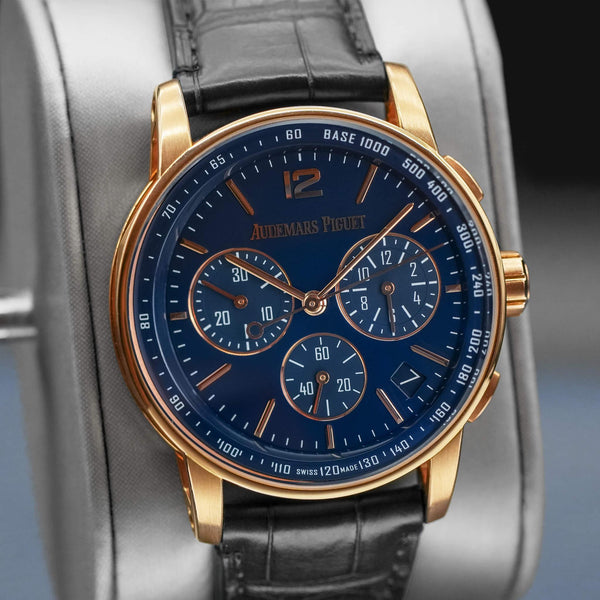 Slight angled view of Audemars Piguet Code 11.59 Chronograph 26393OR Blue Dial 