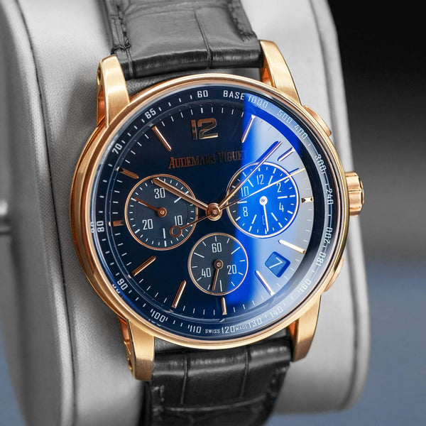 Close-up angled view of Audemars Piguet Code 11.59 Chronograph 26393OR Blue Dial