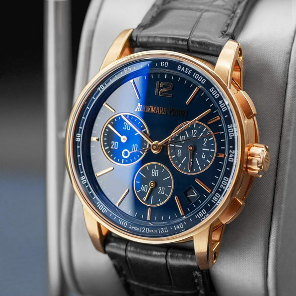 Close-up opposing view of Audemars Piguet Code 11.59 Chronograph 26393OR Blue Dial 