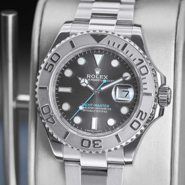 Slight angled view showing crown on Rolex Yacht-Master 116622 Rhodium Dial 
