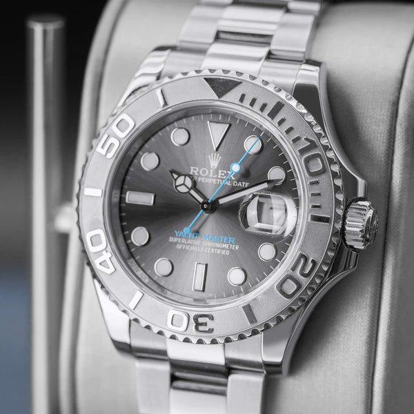 Close-up opposing view of Rolex Yacht-Master 116622 Rhodium Dial