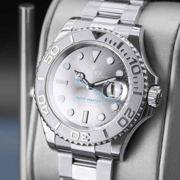 Angled opposing view with reflection of Rolex Yacht-Master 116622 Rhodium Dial 
