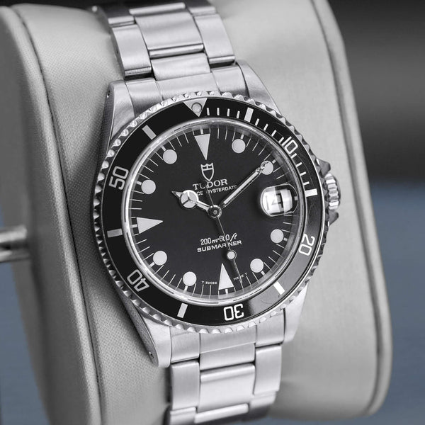 Close-up angled view of Tudor Submariner 75090 Black Dial