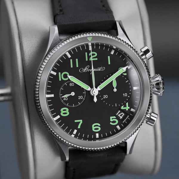 Angled view with reflection of Breguet Type XX Chronograph 2057ST Black Dial