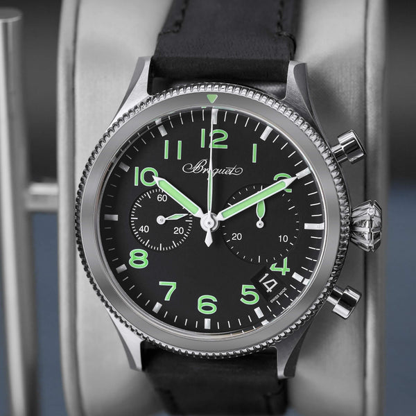Slight angled view showing crown on Breguet Type XX Chronograph 2057ST Black Dial 