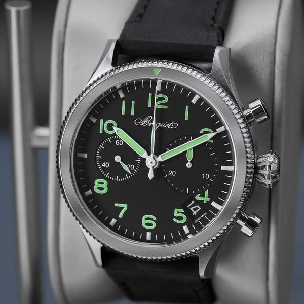 Close-up opposing view of Breguet Type XX Chronograph 2057ST Black Dial 