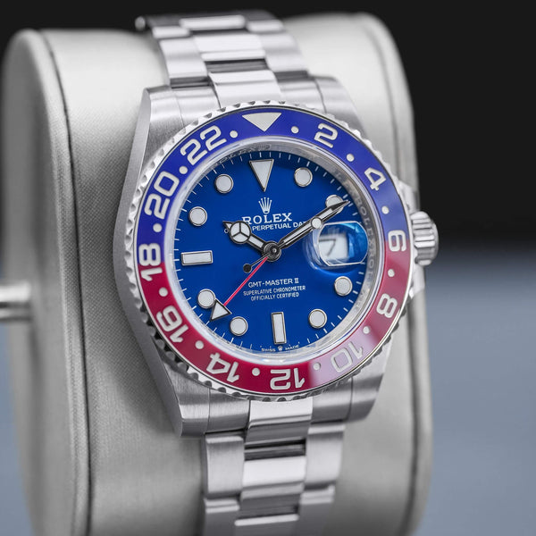 Slight angled view of Rolex GMT-Master II “Pepsi” 126719BLRO White Gold 