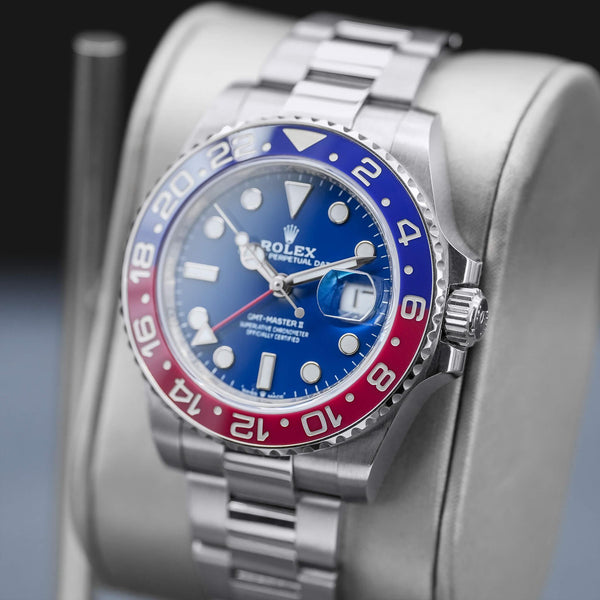 Angled opposing view with reflection of Rolex GMT-Master II “Pepsi” 126719BLRO White Gold