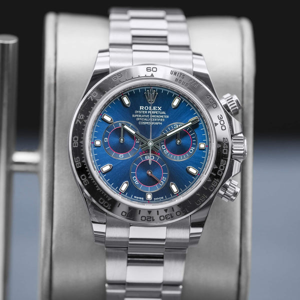 Central view of Rolex Daytona “Blue John Mayer” 116509 White Gold