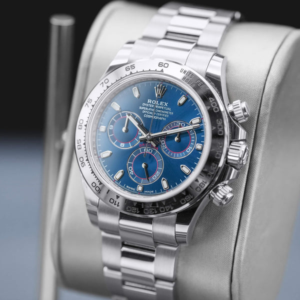 Angled opposing view with reflection of Rolex Daytona “Blue John Mayer” 116509 White Gold