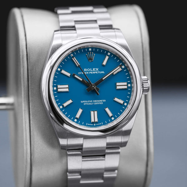 Slight angled view of Rolex Oyster Perpetual 134300 Blue Dial 