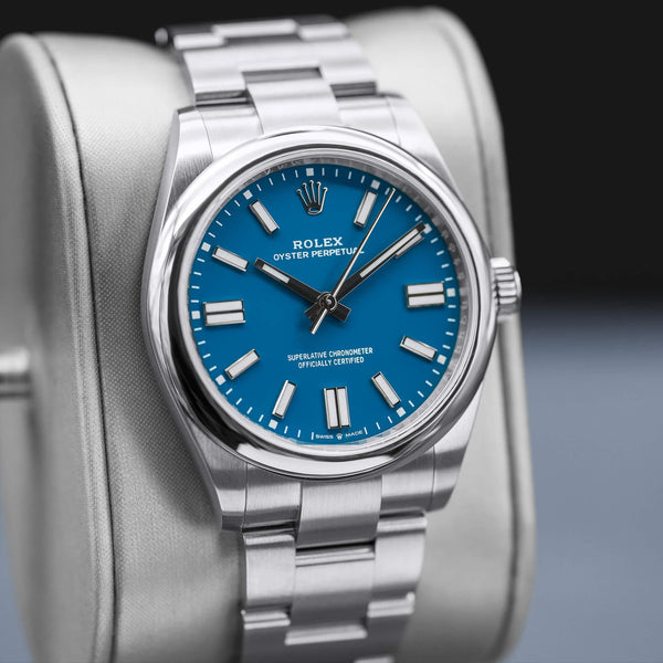 Close-up angled view of Rolex Oyster Perpetual 134300 Blue Dial 