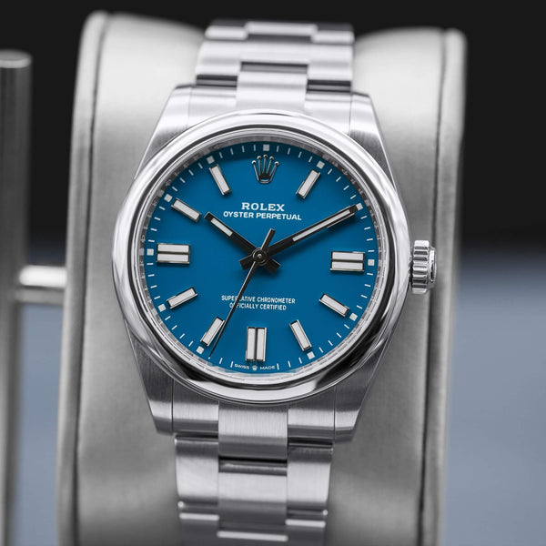 Slight angled view showing crown on Rolex Oyster Perpetual 134300 Blue Dial