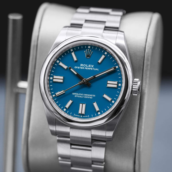 Close-up opposing view of Rolex Oyster Perpetual 134300 Blue Dial