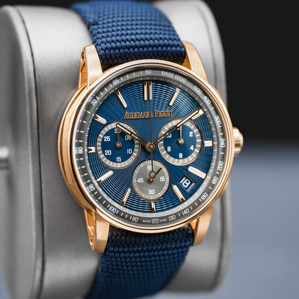 Close-up angled view of Audemars Piguet Code 11.59 Chronograph 26393OR Rose Gold 