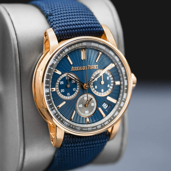 Angled view with reflection of Audemars Piguet Code 11.59 Chronograph 26393OR Rose Gold 