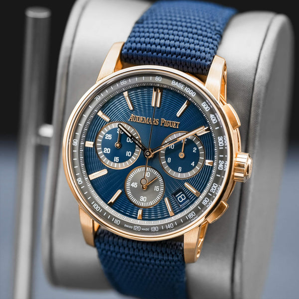 Close-up opposing view of Audemars Piguet Code 11.59 Chronograph 26393OR Rose Gold
