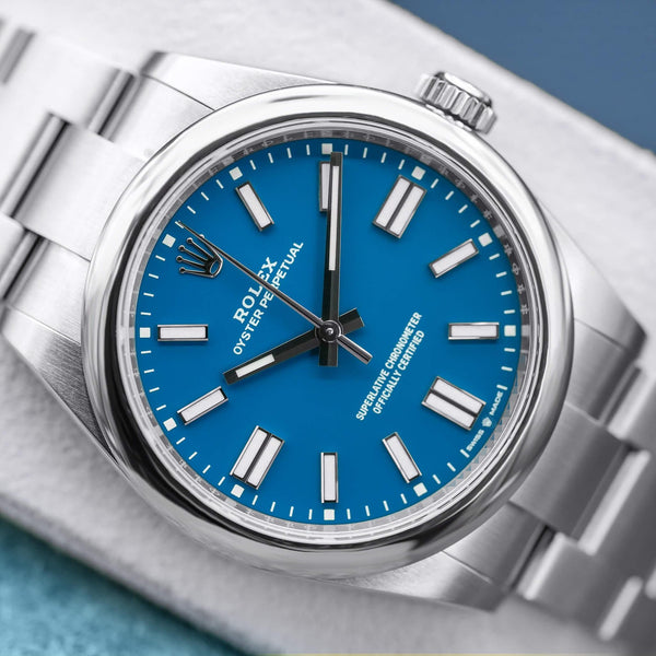 Angled macro view of Rolex Oyster Perpetual 134300 Blue Dial 