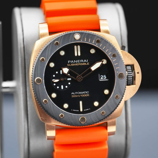 Slight angled view of Panerai Submersible QuarantaQuattro Goldtech Orocarbo PAM02070