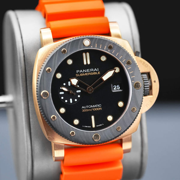 Close-up angled view of Panerai Submersible QuarantaQuattro Goldtech Orocarbo PAM02070