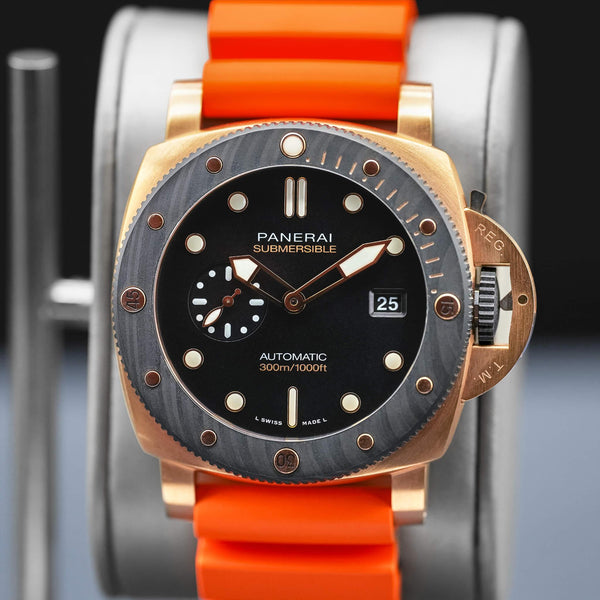 Slight angled view showing crown on Panerai Submersible QuarantaQuattro Goldtech Orocarbo PAM02070