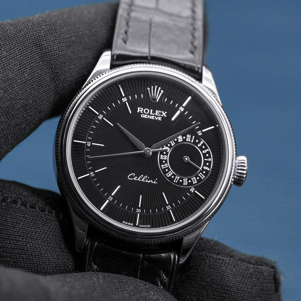 Front view of Rolex Cellini 50519 Black Dial 39mm 2025 Box & Papers – CPO in gloved hand