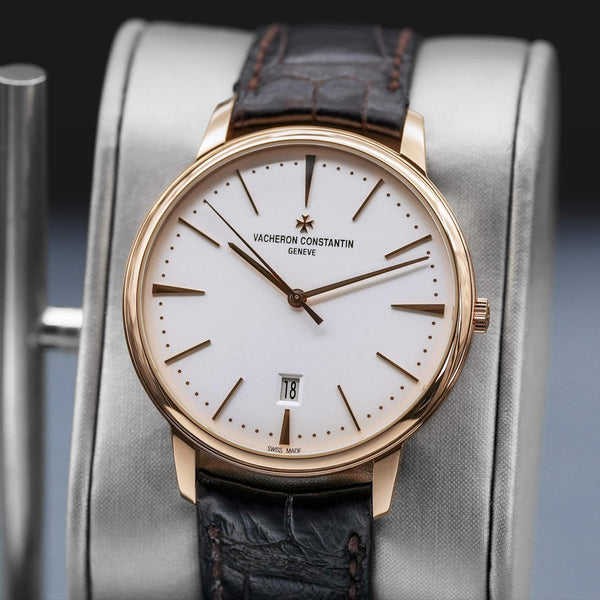 Slight angled view showing crown on Vacheron Constantin Patrimony 85180 Silver Dial