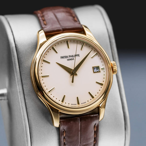 Close-up angled view of Patek Philippe Calatrava 5227J Ivory Dial