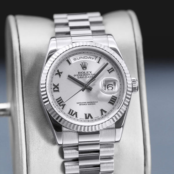 Slight angled view of Rolex Day-Date 118239 Silver Dial 