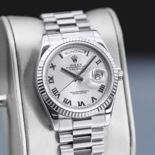 Close-up angled view of Rolex Day-Date 118239 Silver Dial 