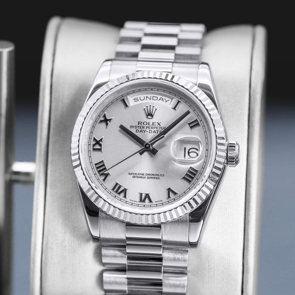 Close-up opposing view of Rolex Day-Date 118239 Silver Dial