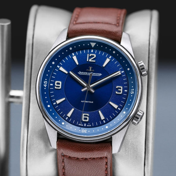 Slight angled view showing crown on Jaeger-LeCoultre Polaris Q9008480 Blue Dial