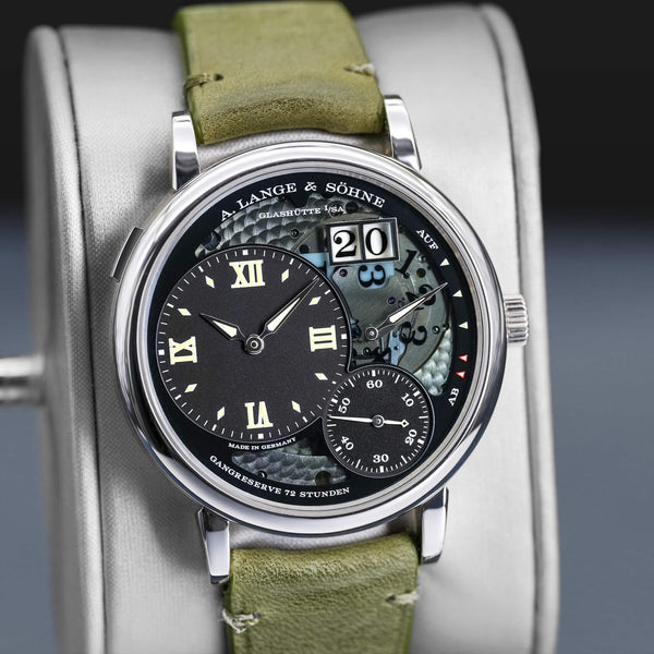 Close-up angled view of A. Lange & Sohne Grand Lange 1 Lumen Platinum 117.035 