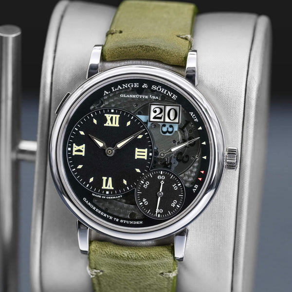 Slight angled view showing crown on A. Lange & Sohne Grand Lange 1 Lumen Platinum 117.035 