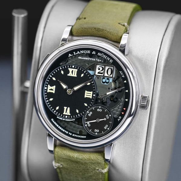 Angled view with reflection of A. Lange & Sohne Grand Lange 1 Lumen Platinum 117.035