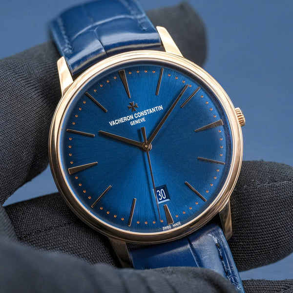 Front view of Vacheron Constantin Patrimony 85180 Blue Dial in gloved hand