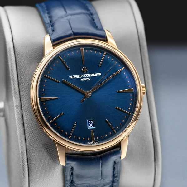 Close-up angled view of Vacheron Constantin Patrimony 85180 Blue Dial