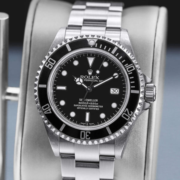 Slight angled view showing crown on Rolex Sea-Dweller 16600 Black Dial