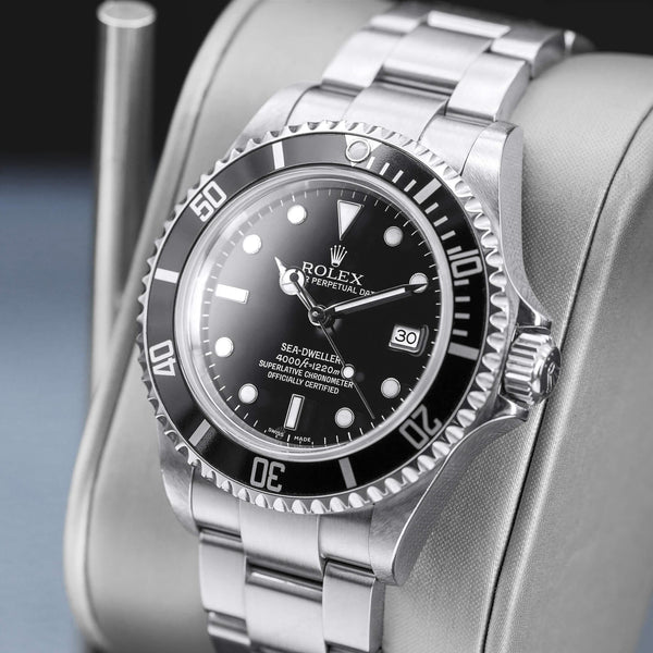 Angled opposing view with reflection of Rolex Sea-Dweller 16600 Black Dial