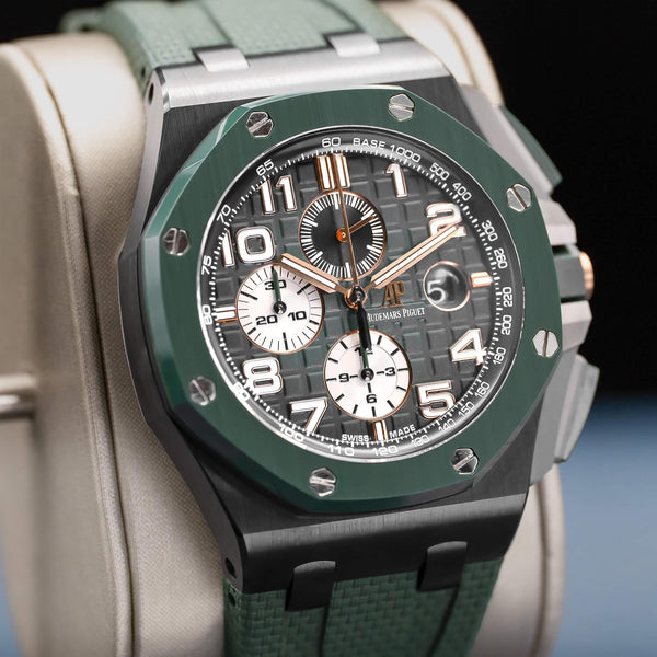 Angled view with reflection of Audemars Piguet Royal Oak Offshore Chronograph 26405CE