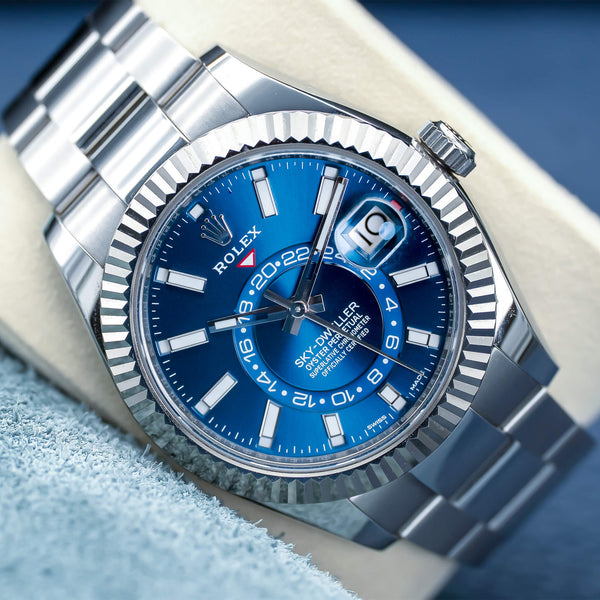 Front view of Rolex Sky Dweller 326934 Blue Dial Oyster 42mm 2018