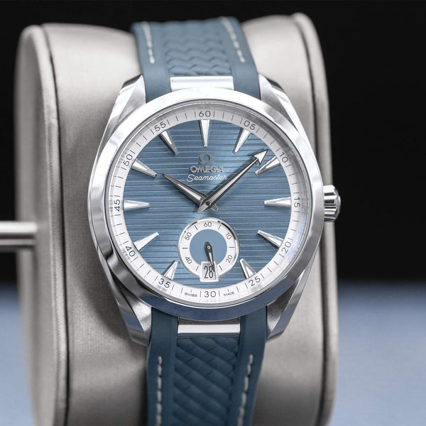 Slight angled view of Omega Seamaster Aqua Terra Blue Dial