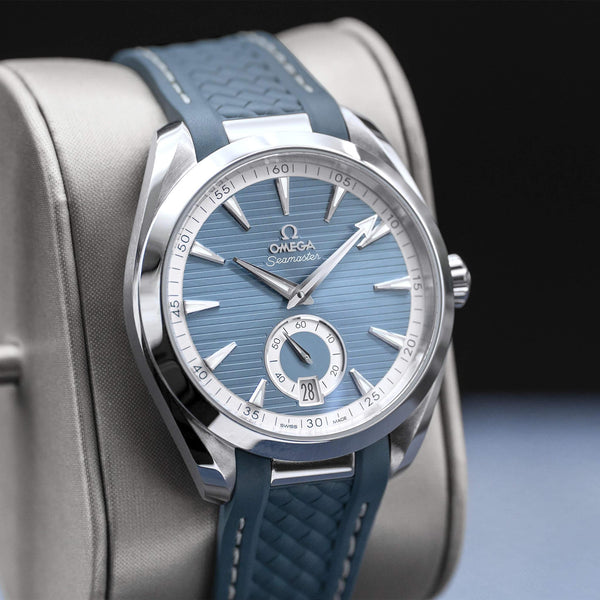 Angled view with reflection of Omega Seamaster Aqua Terra Blue Dial